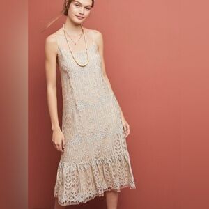 Anthropologie Eri & Ali Size M Lace Midi Dress Nude Neutral - EUC